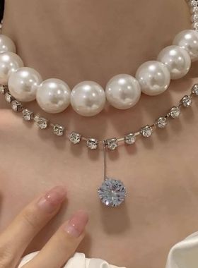 韩国多层小众时髦欧美满钻夸张大小珍珠双层锁骨链缠绕戴法项链女