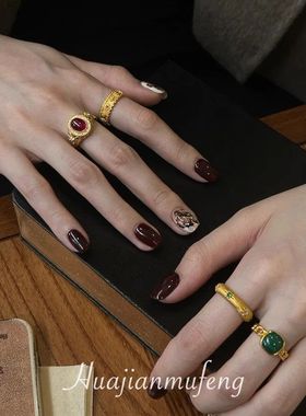 中古vintage拉丝戒指女款轻奢小众复古重工金色高级感食指戒指环