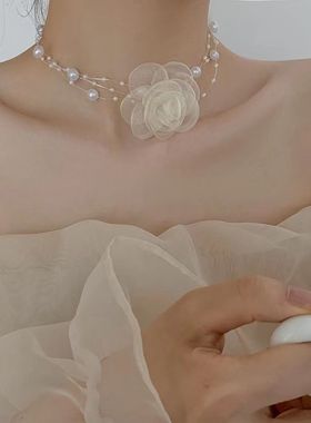 2024爆款珍珠颈链choker轻奢花朵项链女锁骨带颈带脖子花朵配饰