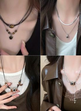 六件套复古棕色胶片相机套装女高级设计感皮革虎眼石项链百搭颈链