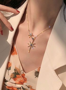 钛钢不掉色项链八芒星微镶蓝锆项链女2022新款锁骨链高级感