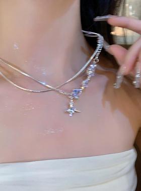 轻奢锆石水滴四芒星项链女小众设计甜酷双层叠戴锁骨链高级感颈链