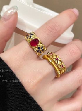 宫廷风复古金色珐琅竹节戒指女时尚高级感食指戒新中式秋冬款指环