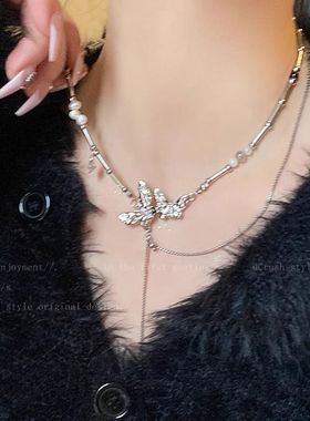 蝴蝶珍珠流苏项链女款ins小众设计感高级配饰时尚个性辣妹卫衣链