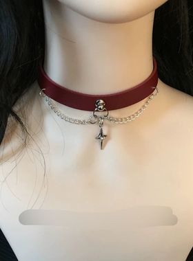 原创四芒星十字吊坠颈环choker项圈y2k辣妹朋克复古暗黑皮质颈链
