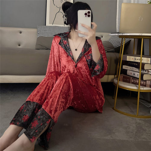 维多利亚金丝绒复古拼色印花睡衣女秋冬长袖长裤可外穿家居服套装 - 图2