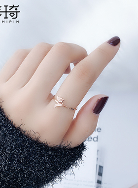 冷淡风狐狸戒指女钛钢玫瑰金个性