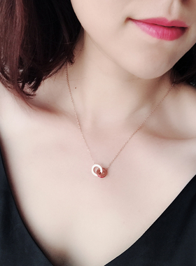 梓琦韩版钛钢项链女钻红色双环