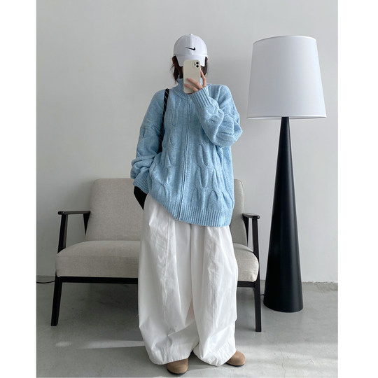 【清仓价】蓝色独特麻花拉链开衫毛衣女外穿休闲慵懒风针织外套