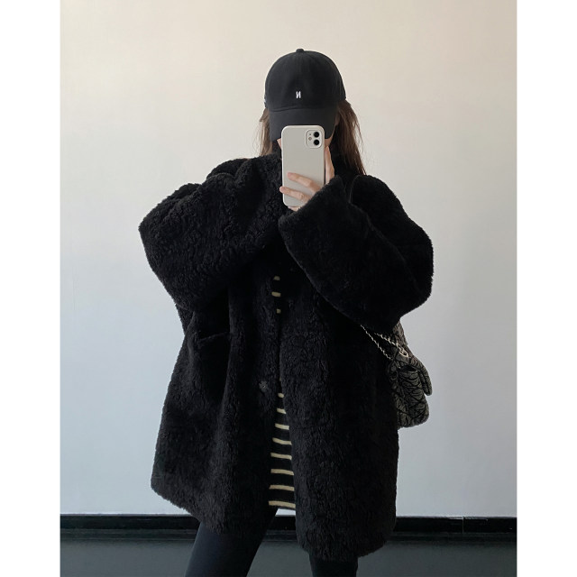 Stylish stand collar loose warm fur one-piece jacket