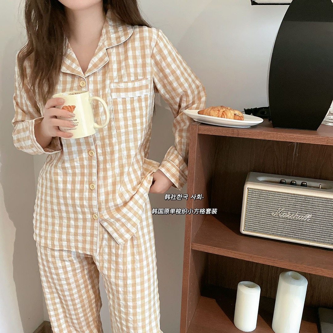 韩社韩国原单梭织小方格秋冬睡衣 幔淑葶睡衣/家居服套装