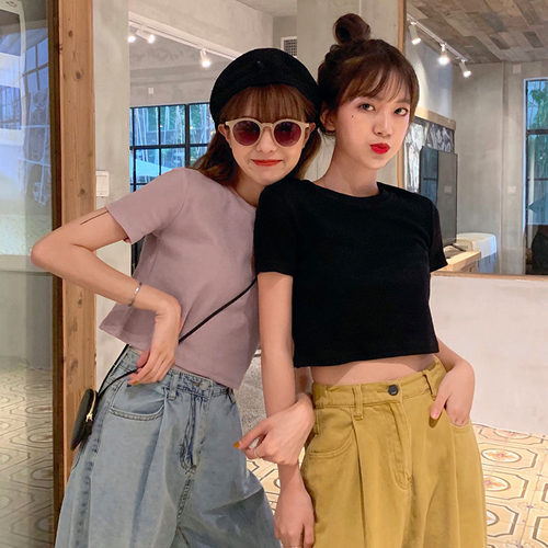 泫雅风短款韩版cec短袖t恤女宽松ins小众设计感心机紧身露脐上衣 - 图0