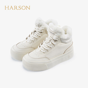 哈森加绒休闲鞋女冬季高帮运动鞋厚底毛毛小白鞋雪地靴 HC211902