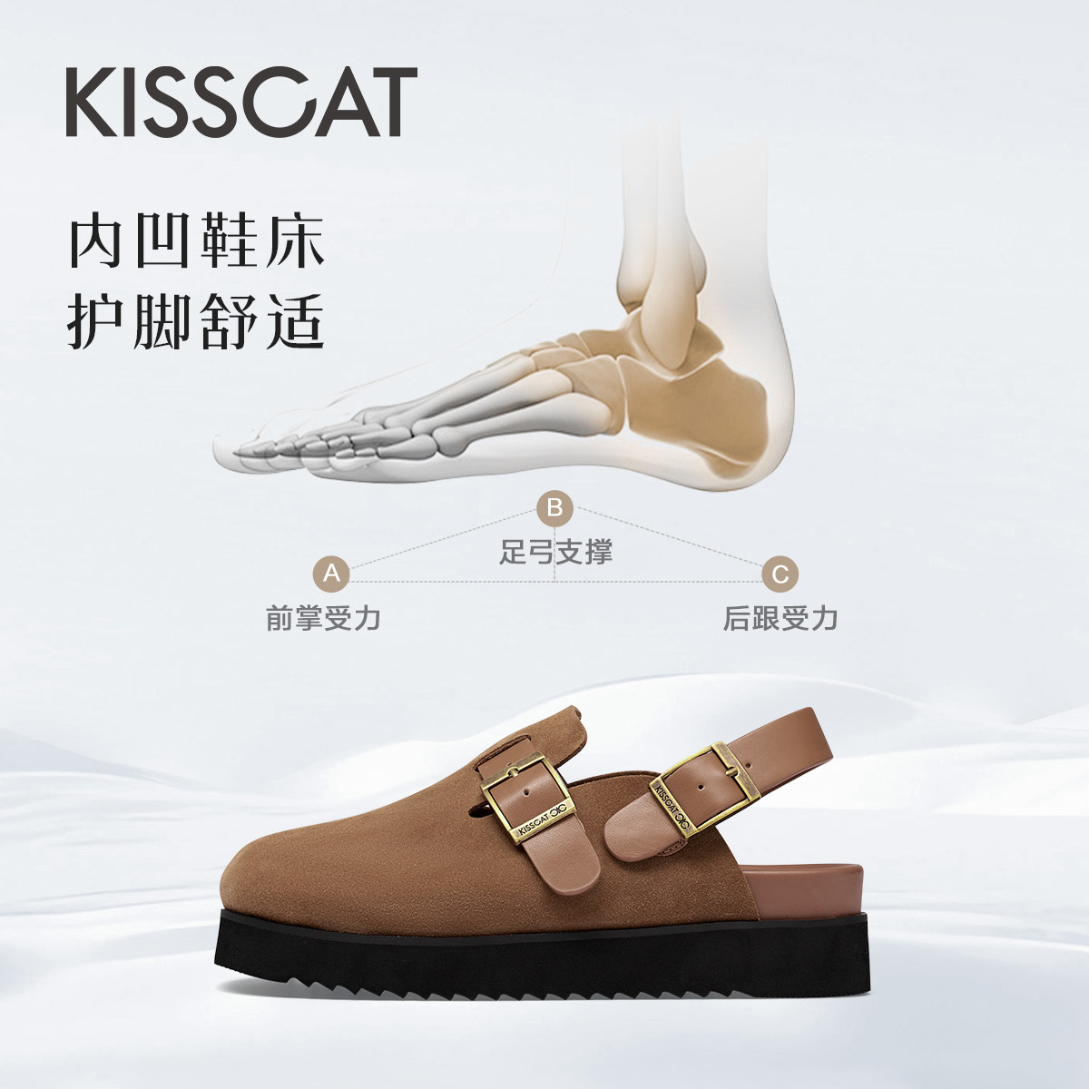 KISSCAT接吻猫秋季新款厚底勃肯鞋女通勤包头拖鞋平底拖鞋休闲鞋,淘宝优惠券,粉丝福利购,淘宝优惠卷