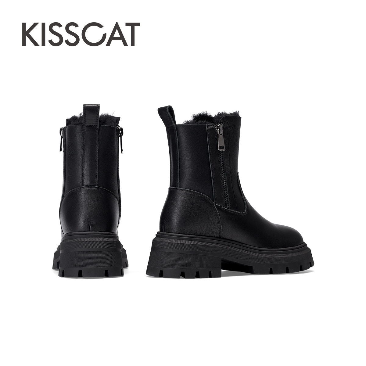 KISSCAT接吻猫秋冬季新款加绒加厚真皮短靴增高冬靴时尚雪地靴女 - 图2
