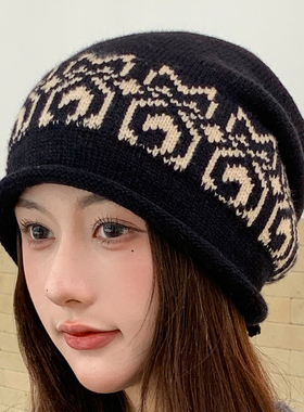 秋冬复古提花针织堆堆帽女保暖