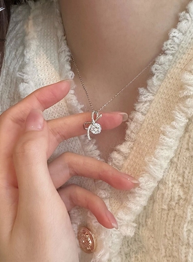 JHEPAN 925纯银蝴蝶结镶钻项链女简约甜美精致风气质通勤百搭锁骨