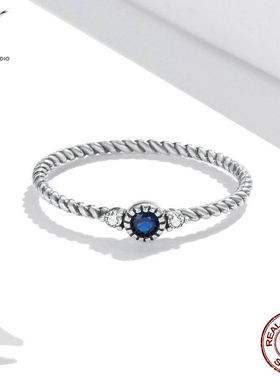 欧美s925纯银神秘蓝色戒指 简约几个复古时尚手饰品 scr693