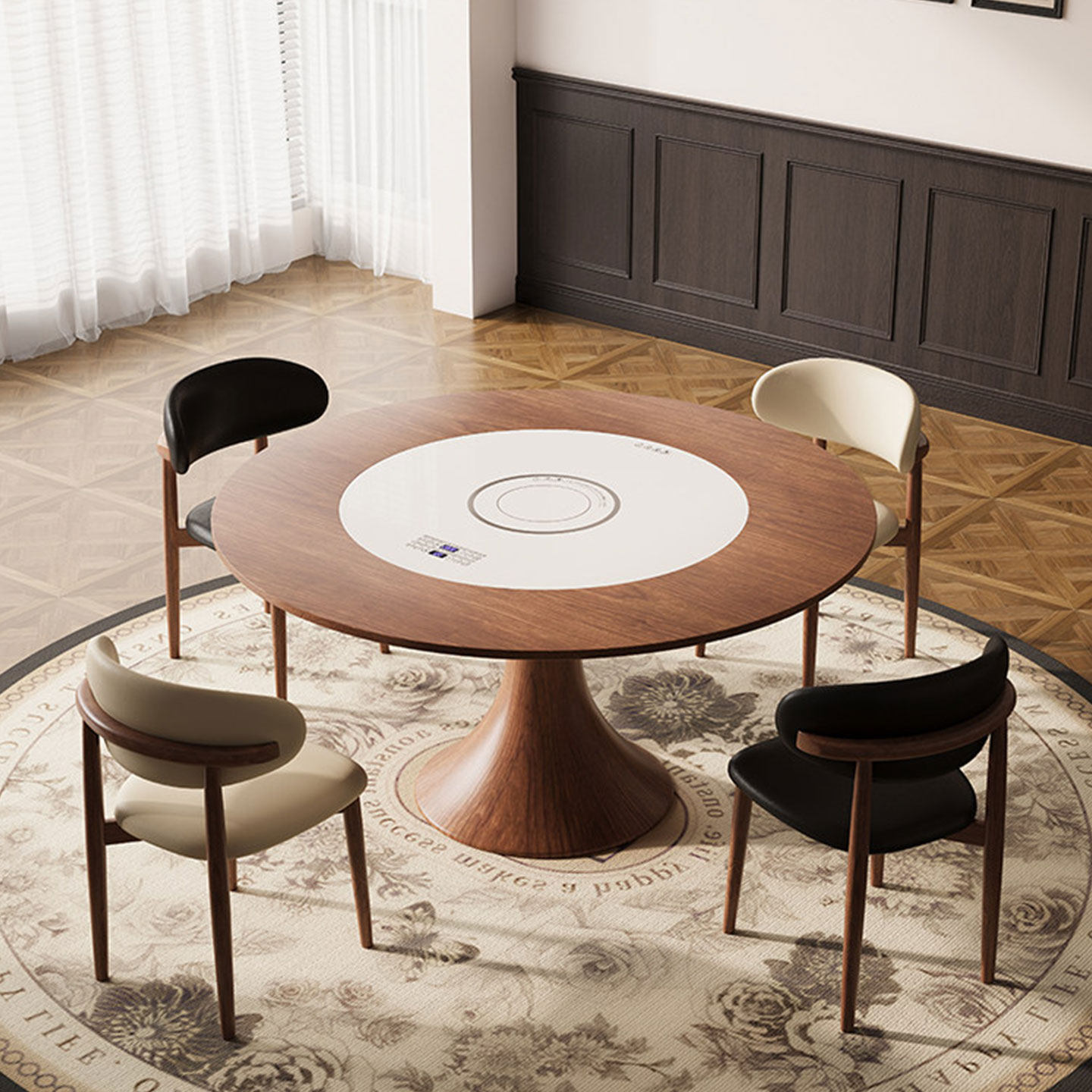 实木岛台餐桌一体可伸缩多功能胡桃色圆桌2025新款带电磁炉中古风,淘宝优惠券,粉丝福利购,淘宝优惠卷