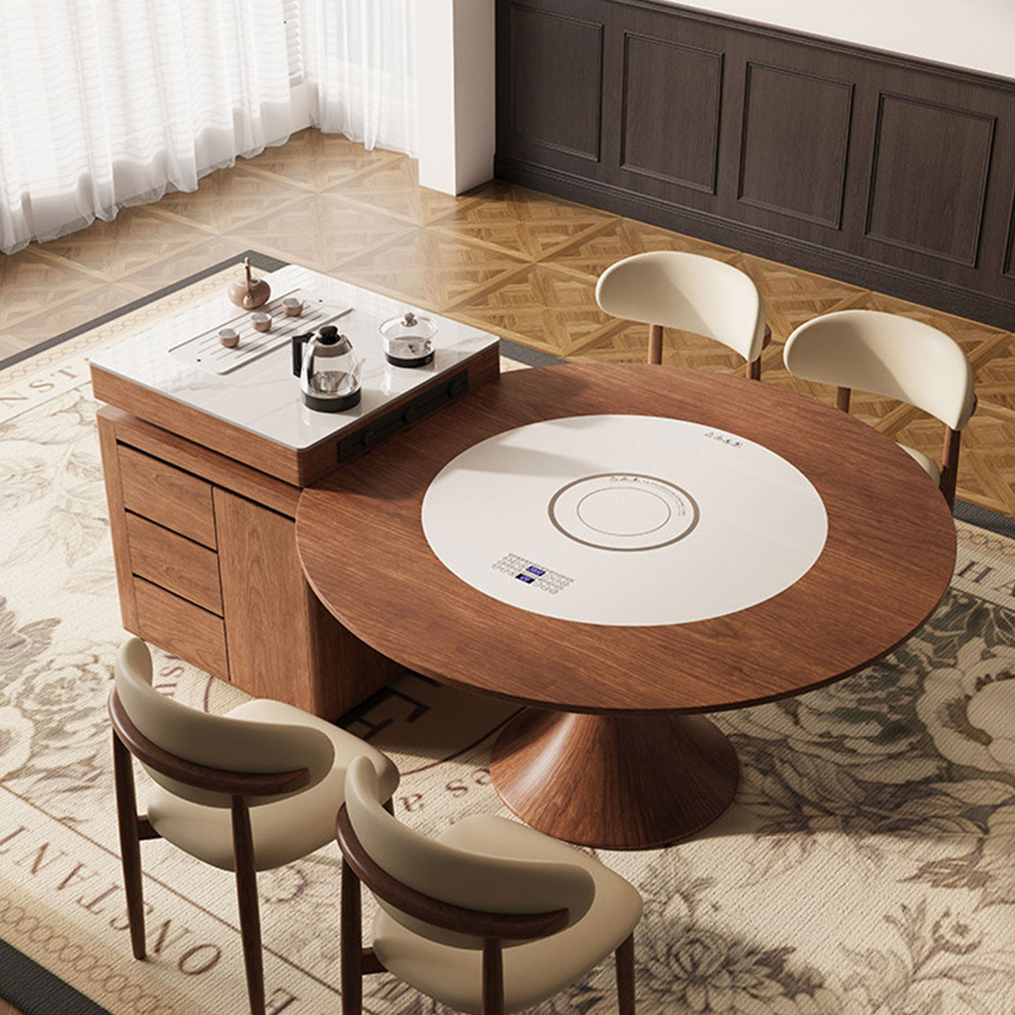 实木岛台餐桌一体可伸缩多功能胡桃色圆桌2025新款带电磁炉中古风,淘宝优惠券,粉丝福利购,淘宝优惠卷