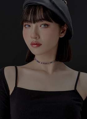 野月亮彩色锆石爱心吊坠choker女