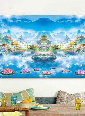 唯美空中楼阁海报贴画寺庙佛堂高山风景背景墙挂画抽象装饰墙贴画