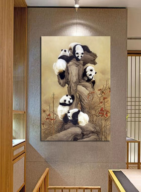 客厅玄关可爱熊猫大熊猫自愈系装饰画餐厅挂画国宝大熊猫国画贴画