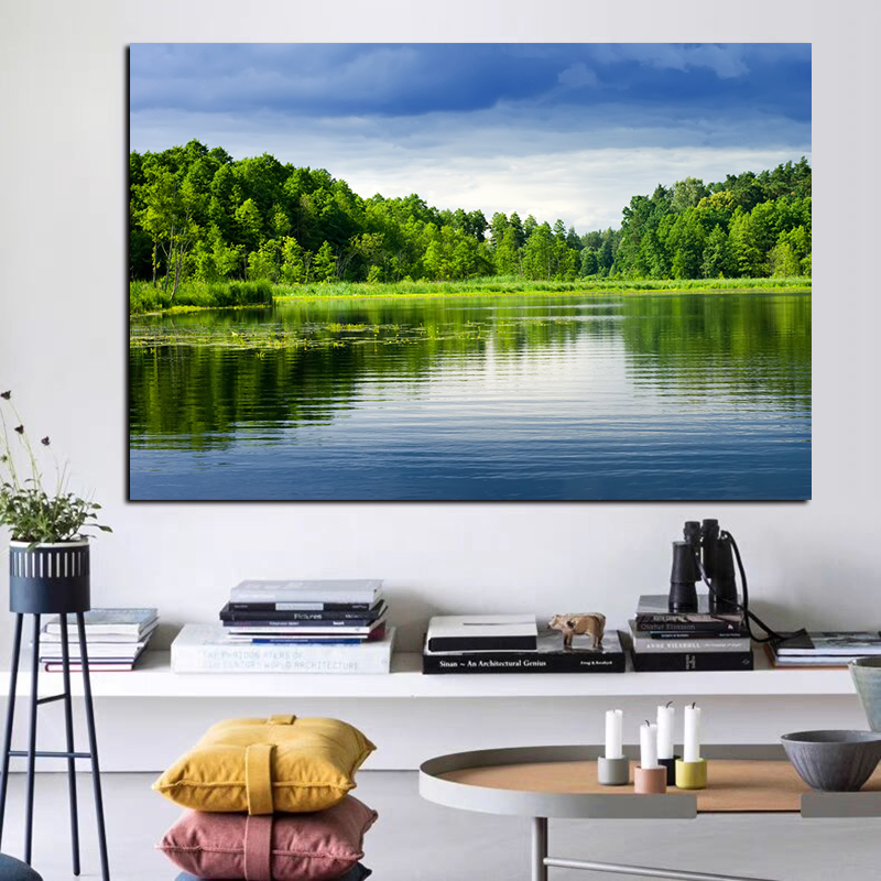 蓝天白云自然美景现代装饰画 森林湖泊河流挂画 客厅卧室海报贴画 - 图1