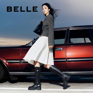 百丽小v靴女靴子厚底弹力靴美拉德粗高跟长筒靴高长靴B9G1DDG4