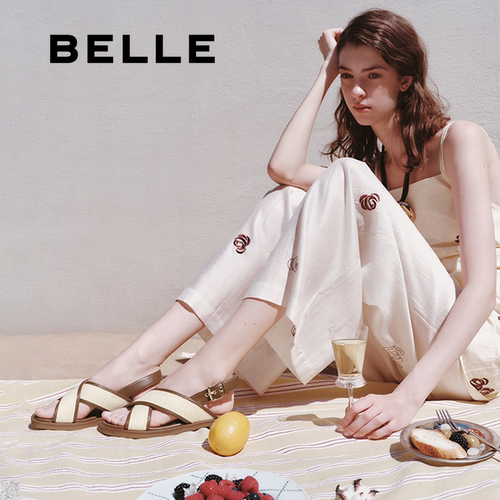 百丽编织休闲凉拖鞋女夏季新款夏季交叉带沙滩罗马凉鞋B2651BL5 - 图3