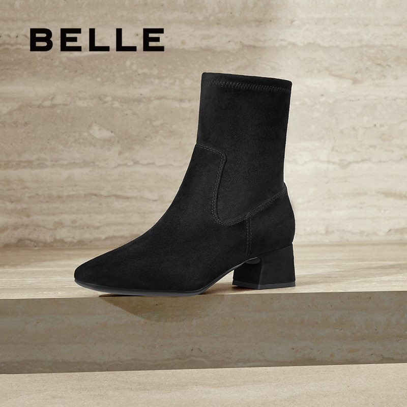 百丽加绒弹力瘦瘦靴女冬新款粗跟时装靴超软羊皮短靴子3LI61DZ4,淘宝优惠券,粉丝福利购,淘宝优惠卷