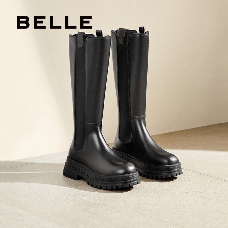 百丽厚底高长骑士靴女冬新款显瘦切尔西靴加绒长筒靴子3NV70DG4 - 图3