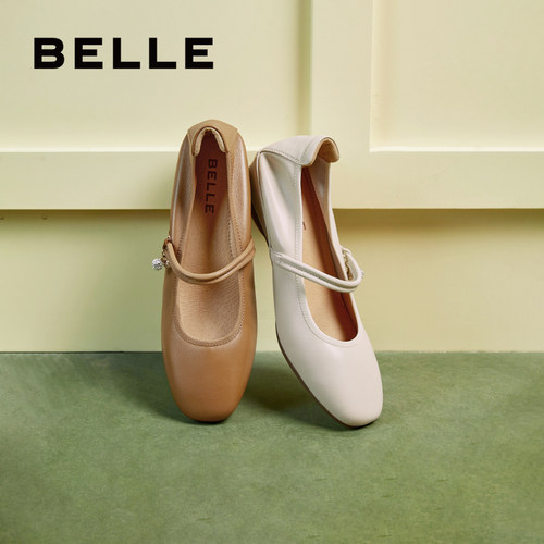 百丽女鞋子新款真皮柔软妈妈浅口单鞋坡跟法式玛丽珍鞋B5S1DCQ4 - 图0