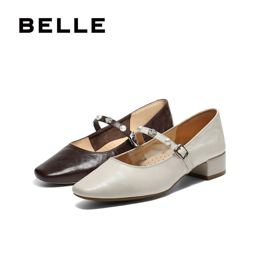 百丽女鞋复古羊皮粗高跟玛丽珍鞋女秋季新款浅口单鞋子E3Z1DCQ5,淘宝优惠券,粉丝福利购,淘宝优惠卷