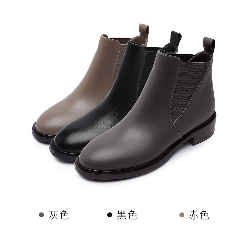 莱尔斯丹秋冬新款商场同款英伦风圆头短筒粗跟女靴女鞋3T30202