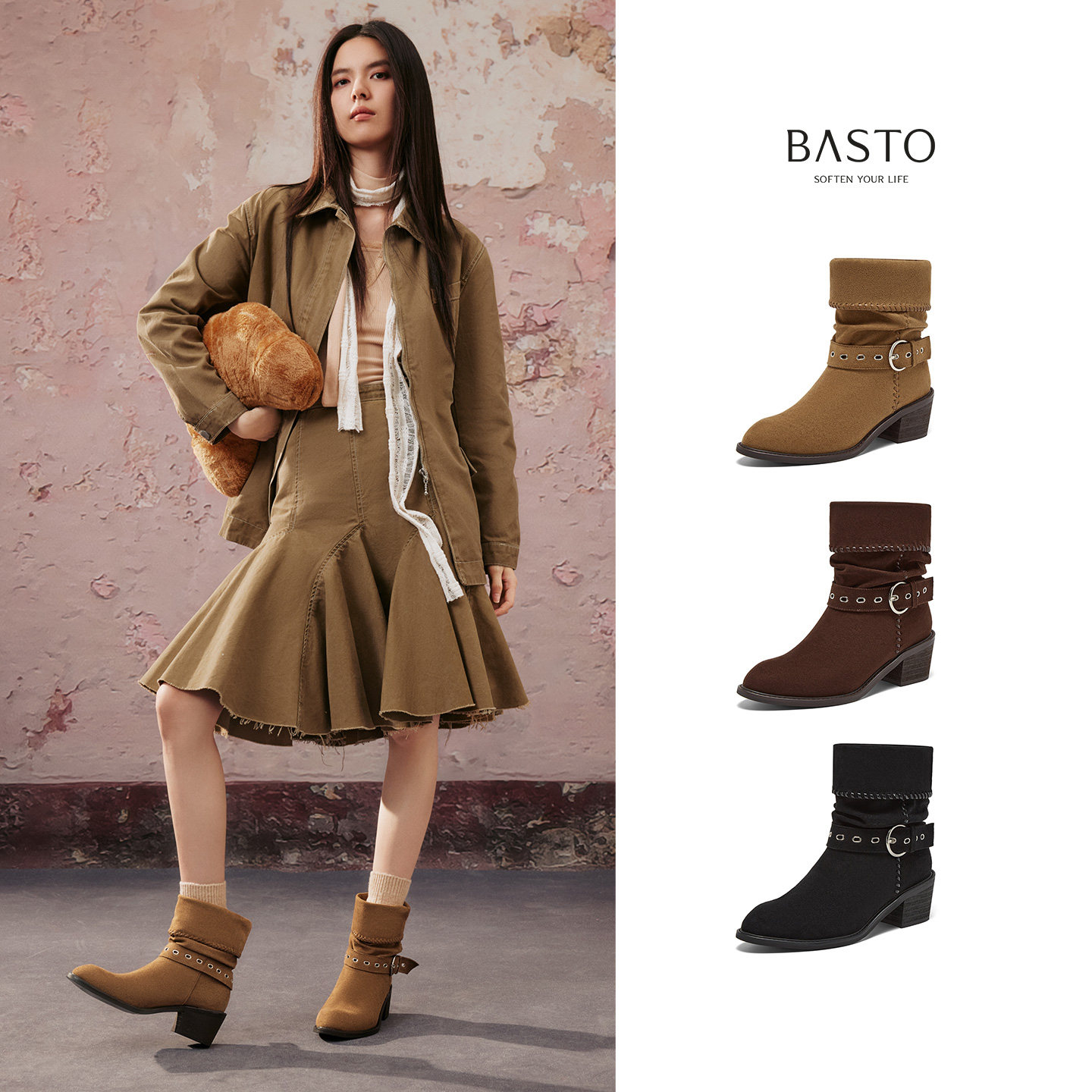 百思图2025冬季新款西部靴时尚潮流堆堆靴粗跟尖头女中靴B2732DZ5,淘宝优惠券,粉丝福利购,淘宝优惠卷