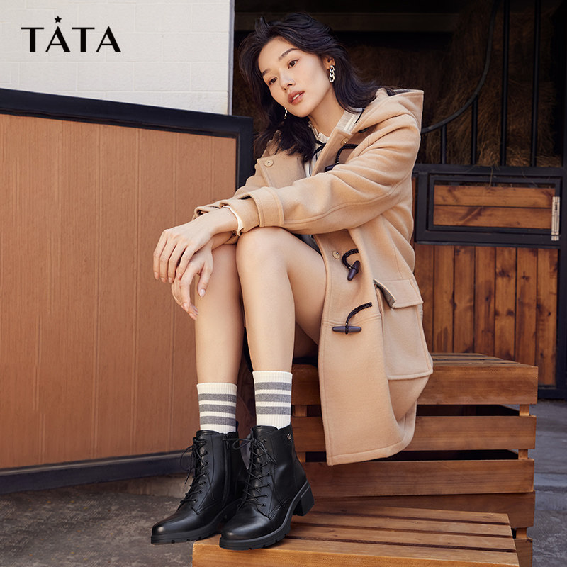 tata绑带高跟黑色女中筒2022马丁靴 百丽集团outlets店马丁靴