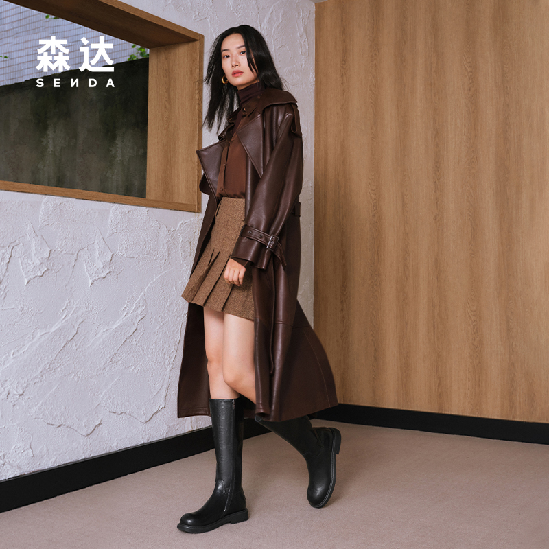 森达骑士靴女靴年冬季复古皱皱皮气质显瘦长筒靴ZTE1 - 图1