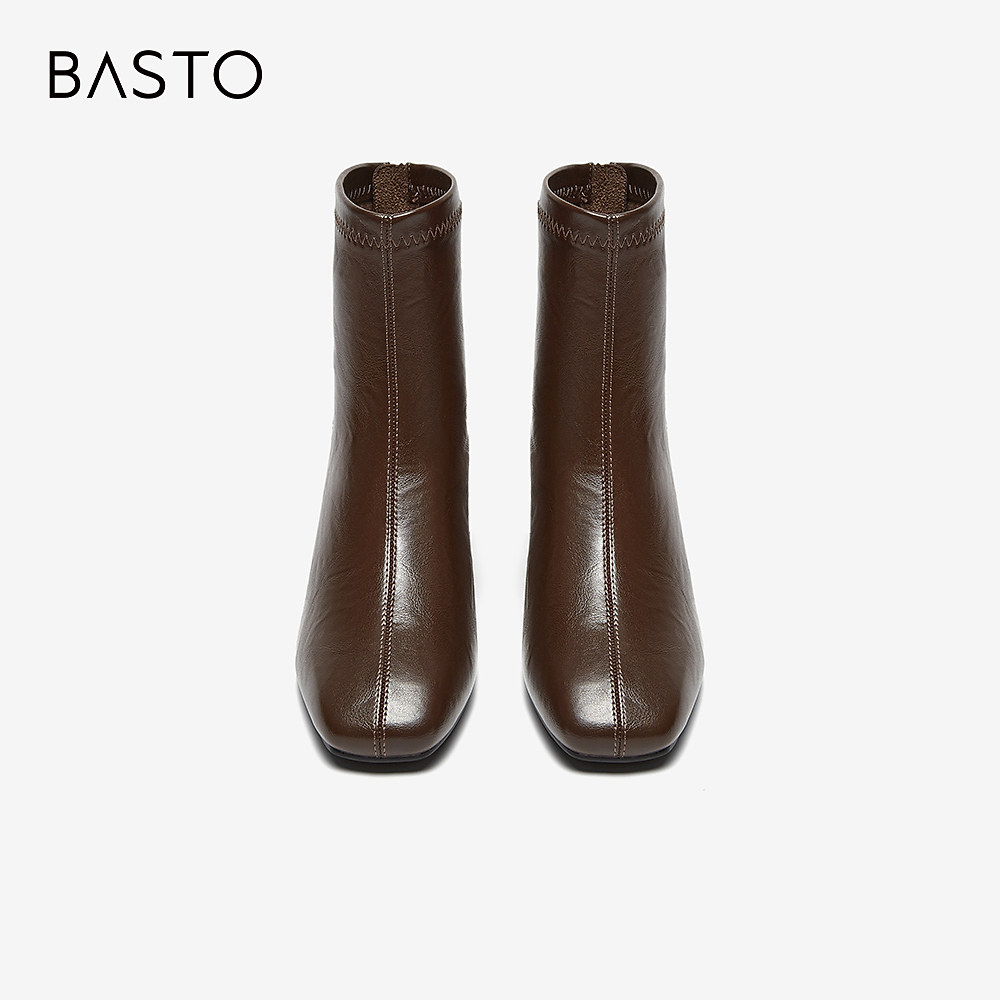 百思图冬季新款时髦简约通勤时装靴粗跟方头女短靴M5112DD4,淘宝优惠券,粉丝福利购,淘宝优惠卷