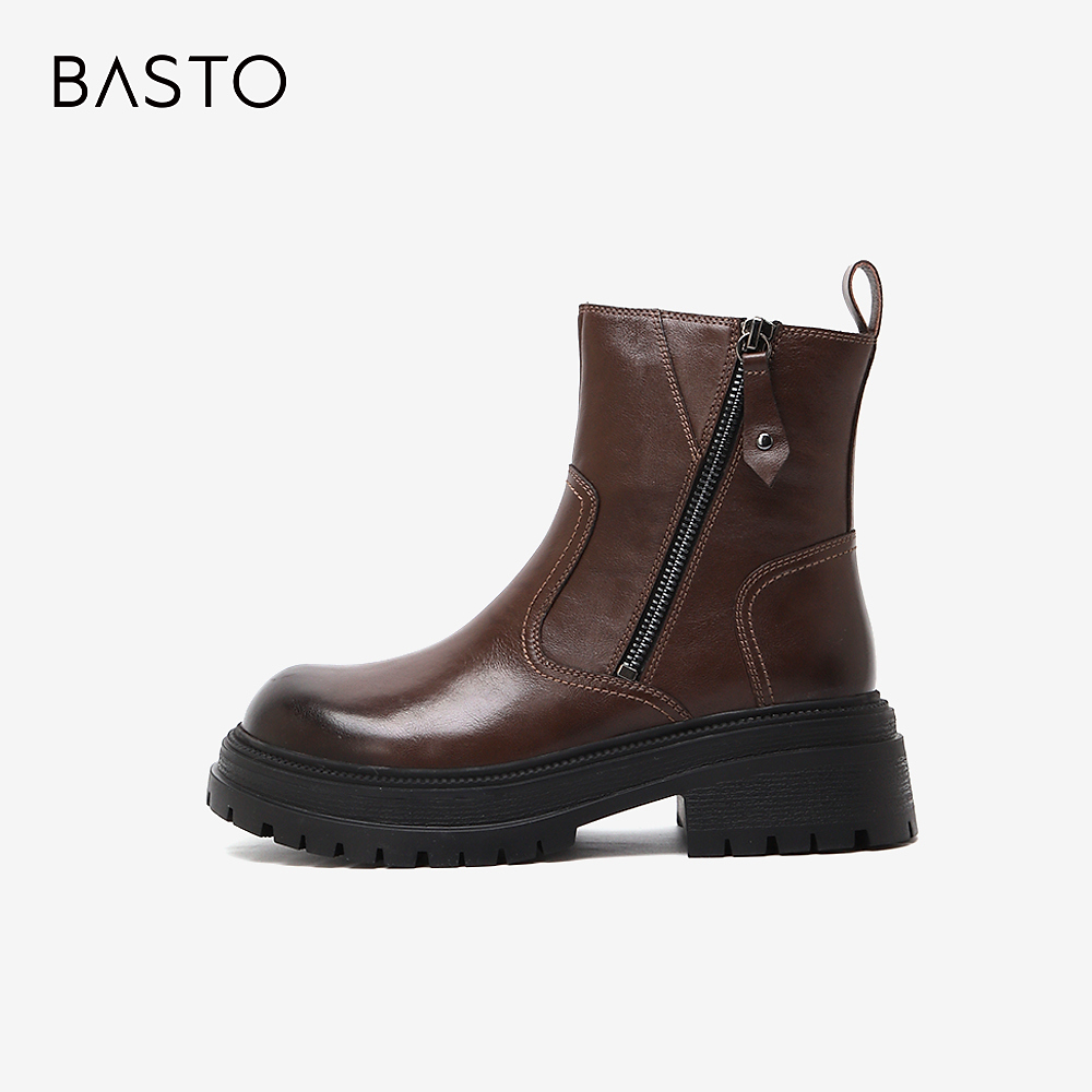 百思图冬季新款商场同款简约通勤时装靴粗跟女短靴ULT04DD4 - 图0