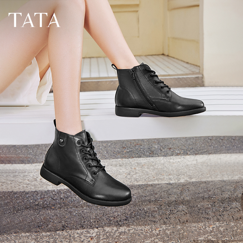 TATA他她休闲马丁靴女靴真皮简约平底短靴子奥莱秋冬新款7BJ48DD4 - 图2