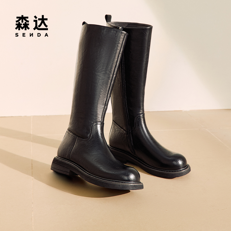 森达骑士靴女靴年冬季复古皱皱皮气质显瘦长筒靴ZTE1 - 图2