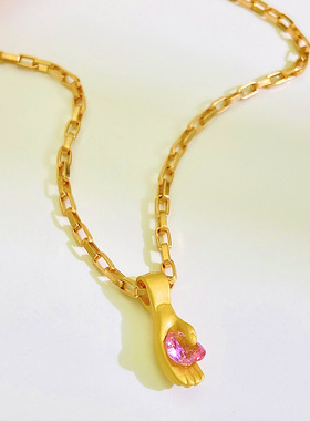 欧美ins新款手掌拿粉色爱心项链