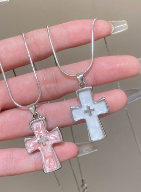Pink cross pendant necklace women's collarbone chain锁骨链