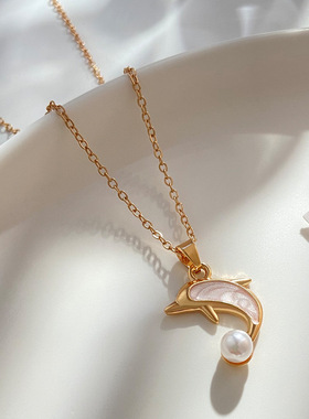 欧美新款镶珍珠海豚项链女饰品