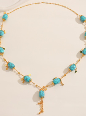Ethnic retro green long necklace flower tassel turquoise项链
