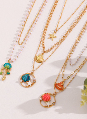 Elegant New summer pearl shell starfish multi-layer necklace