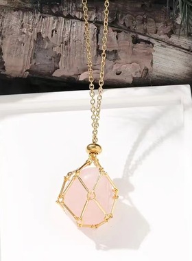 Interchangeable crystal stone woven metal net bag necklace