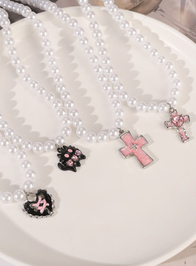 Retro Girls Jewelry Pink Cross Cat Pendant Pearl Necklace 饰