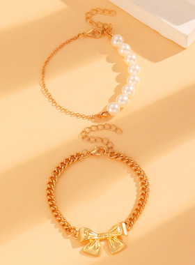 Large bow pendant irregular bracelet set欧美串珠手链项链套装